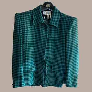 VINTAGE 100% Wool Green Houndstooth Blazer/Skirt Set 10